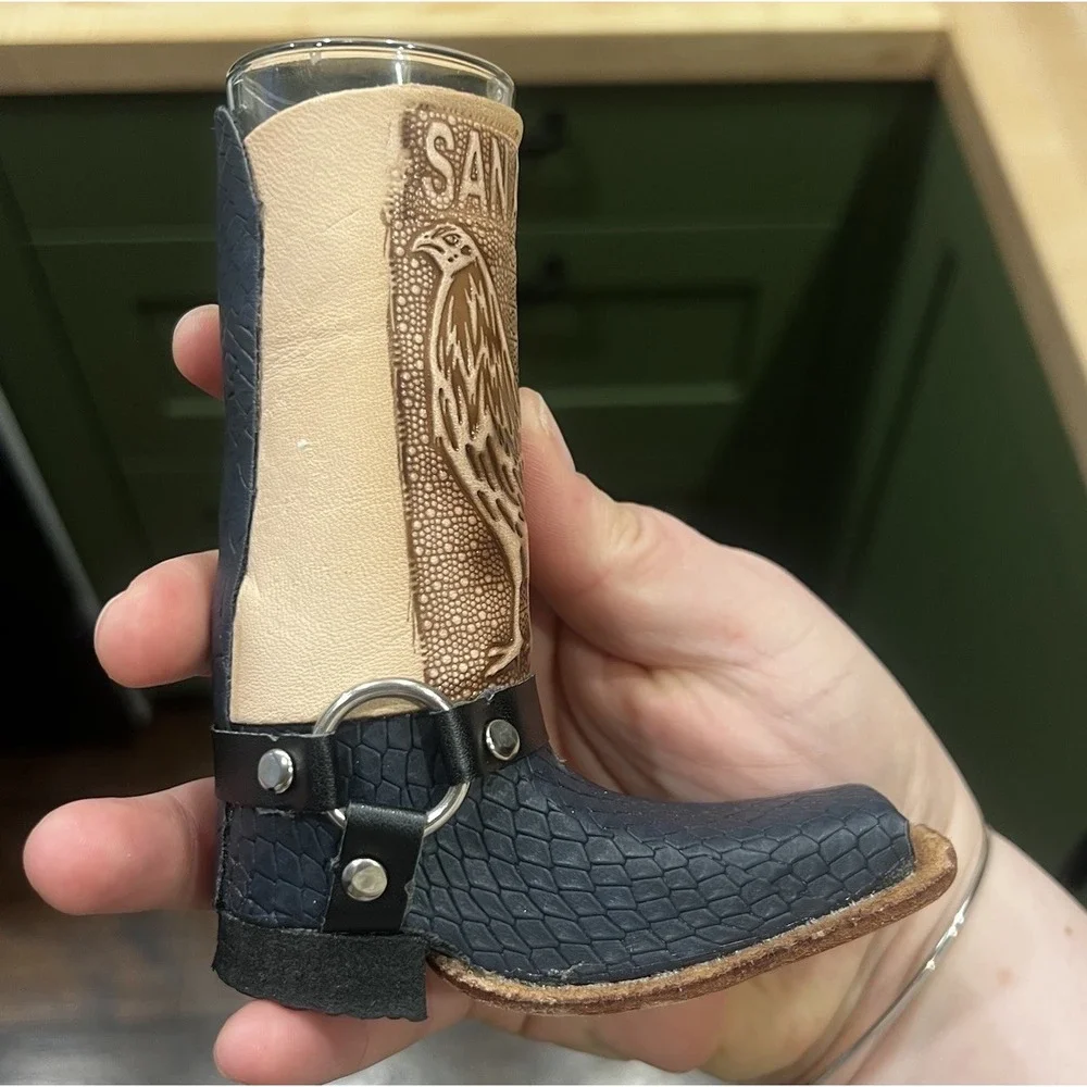 Unique Leather Boot Shot Glasses, Set Of 2, San‎ Antonio, Texas - Made In Mexico